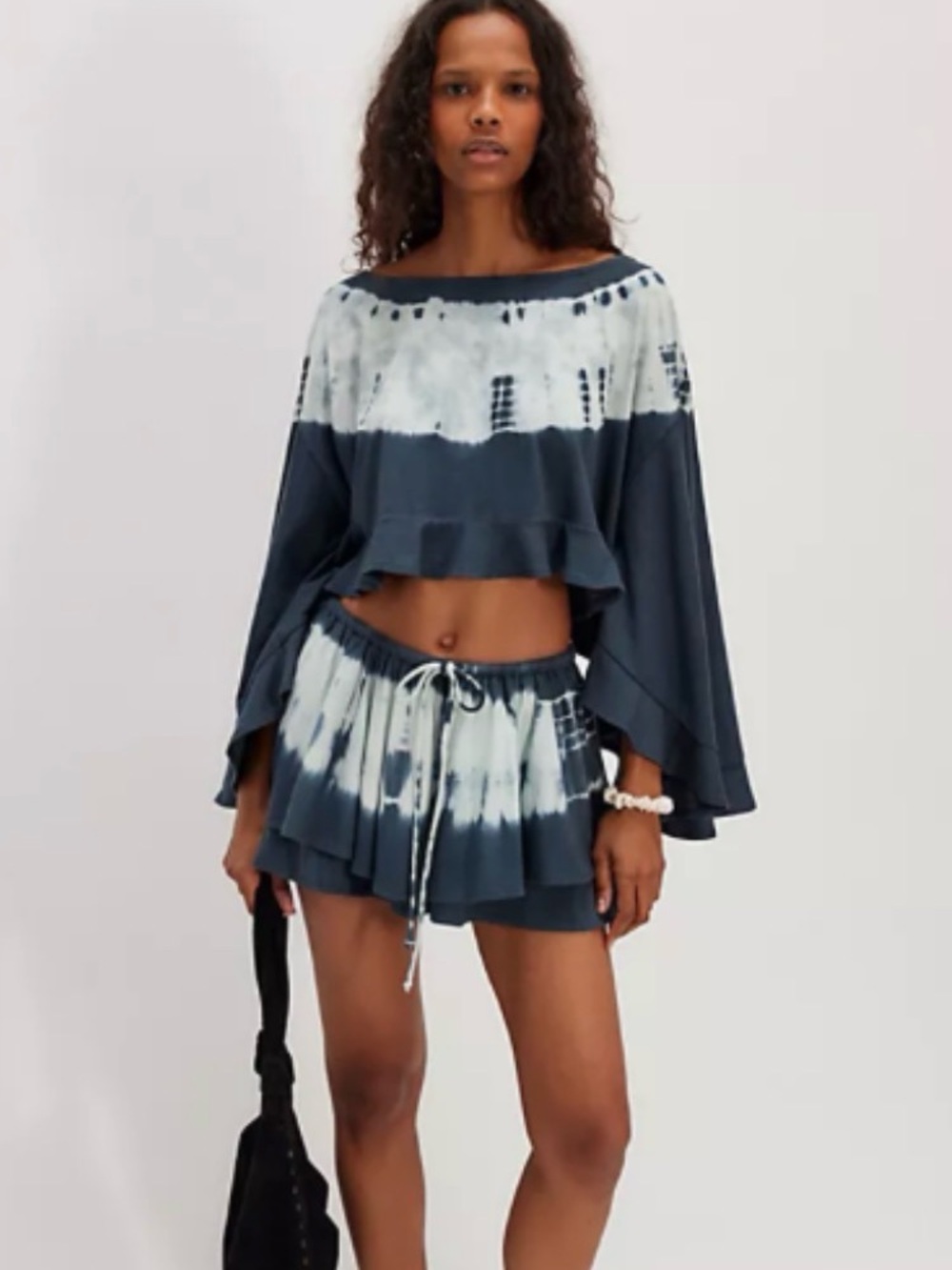 Free People Black and White Tie-Dye Puff Sleeve Blouse